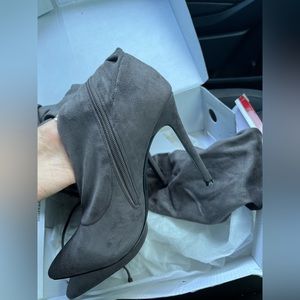 Gray Thigh High Heel Boots